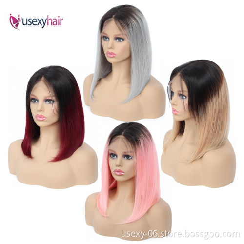 Colored Bob Lace Front Human Hair Wigs Brazilian Virgin Hair Blonde Pink Red Blue Yellow Gray Orange Color Short Bob Cut Wigs